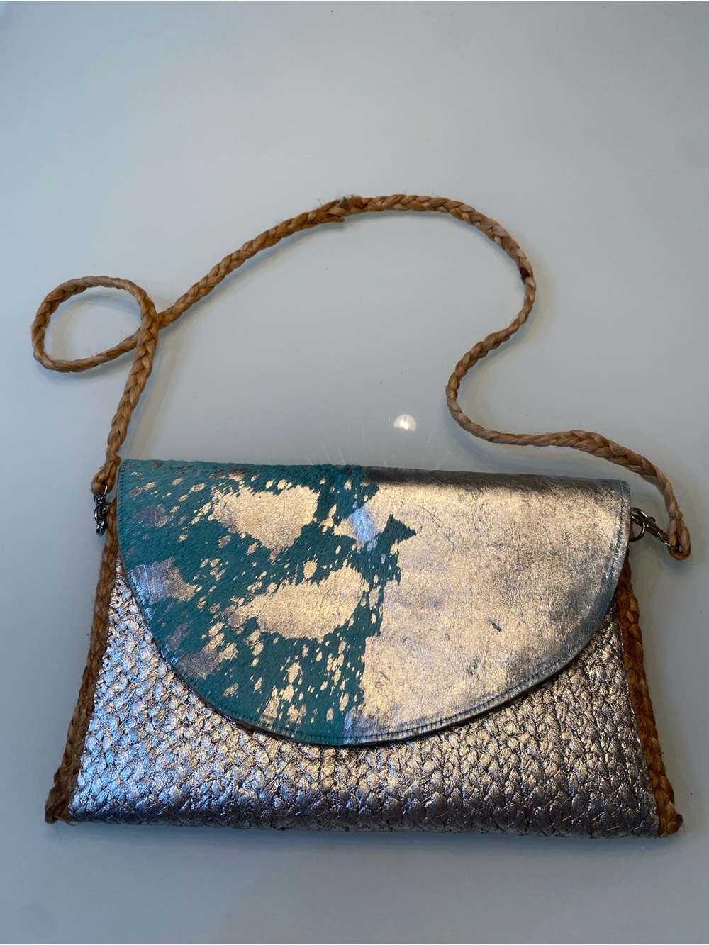 Chloe & Lex Metallic Silver & Teal Calf Hair Straw Convertible Crossbody Clutch